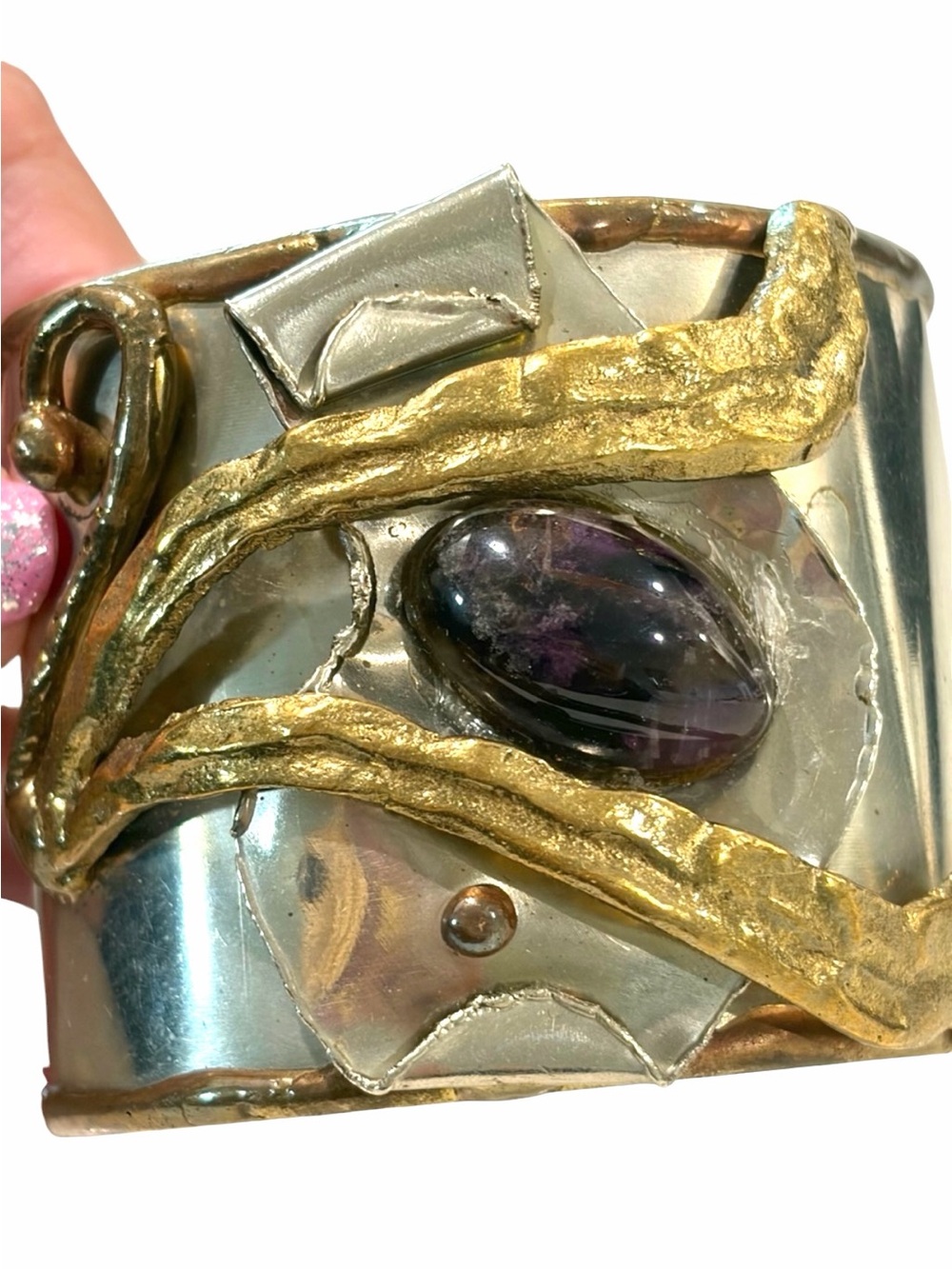 Vintage 1970s Brazilian Brutalist Mixed Metal Amethyst Cuff Bracelet Wide Statem